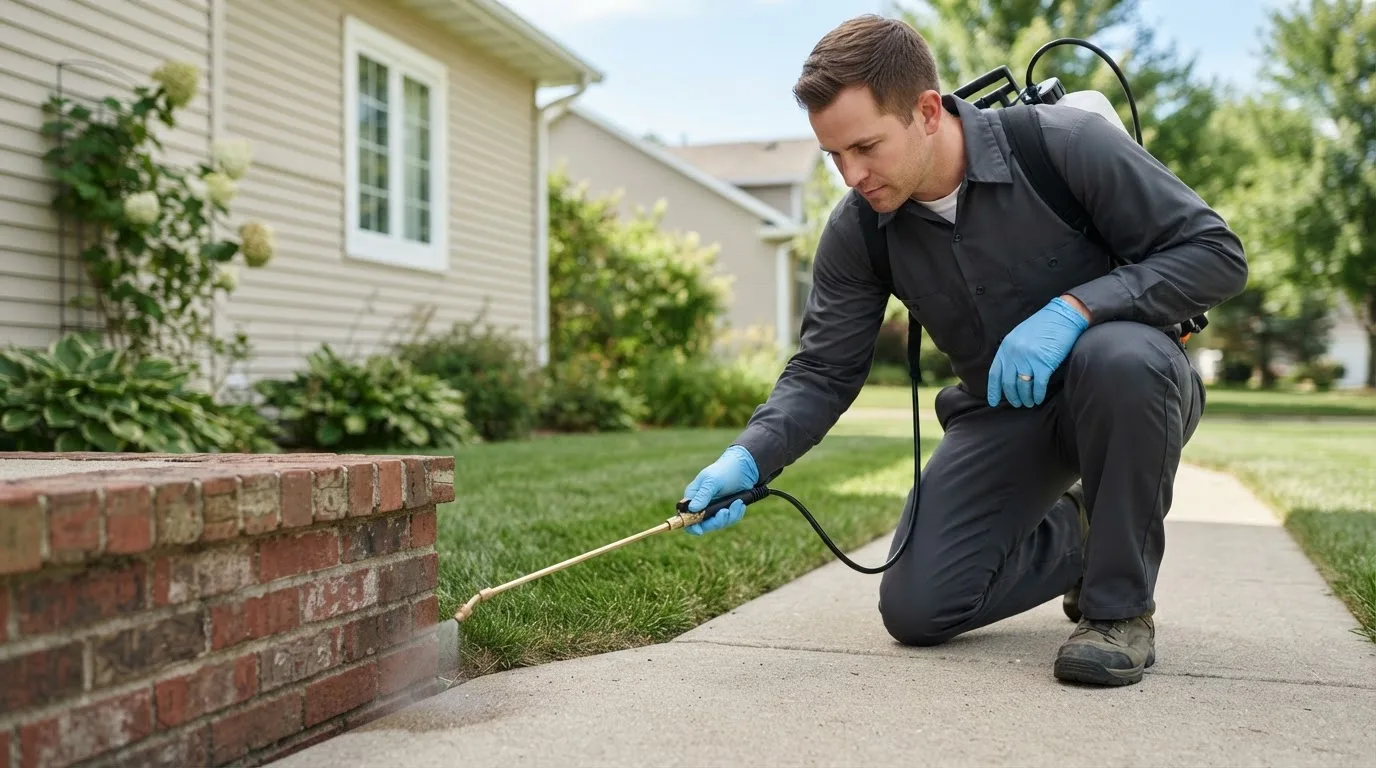 Pest control technician treating a home near Greenfield, MO