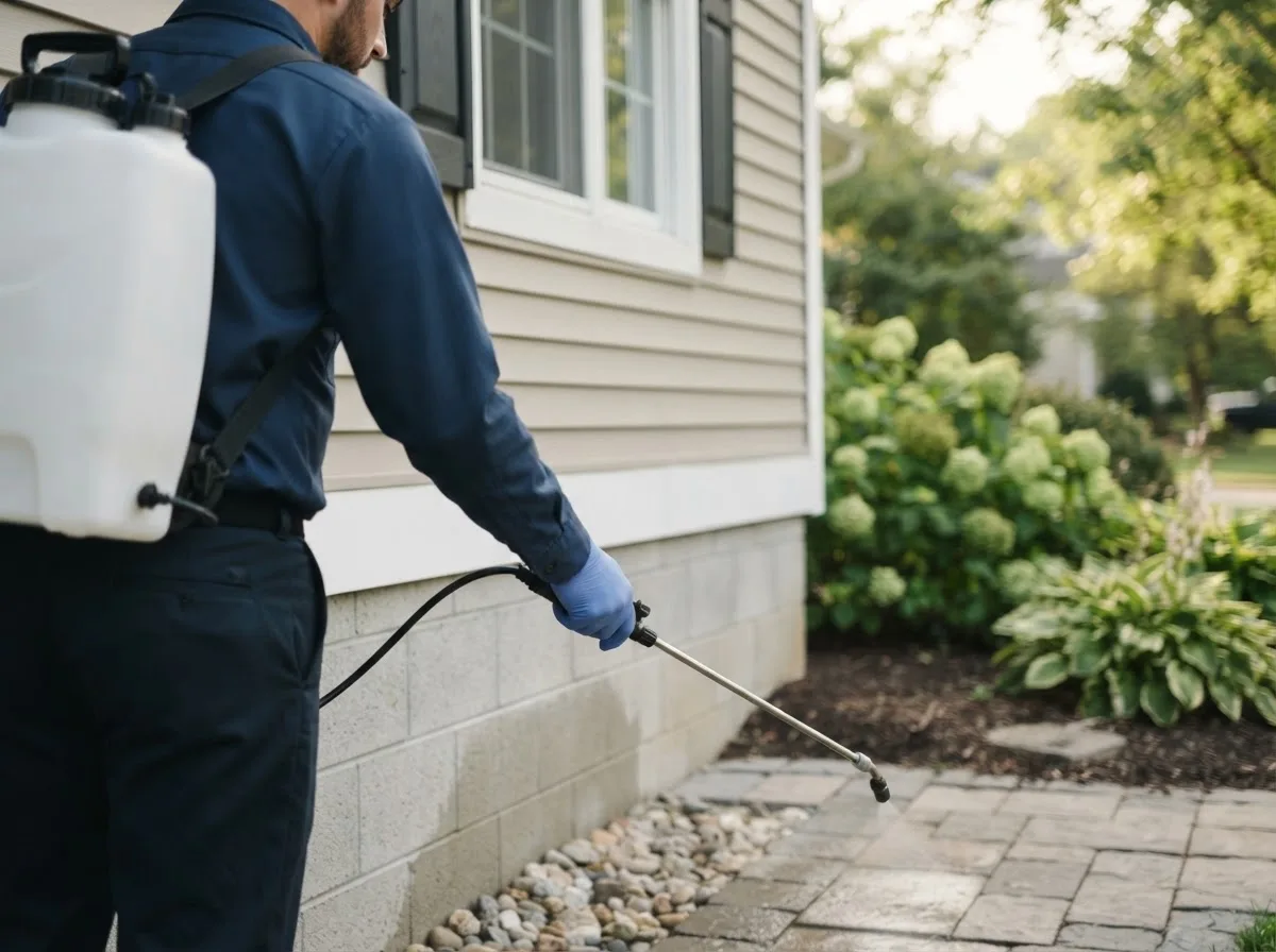 Pest control technician inspecting a home in Greenfield, MO